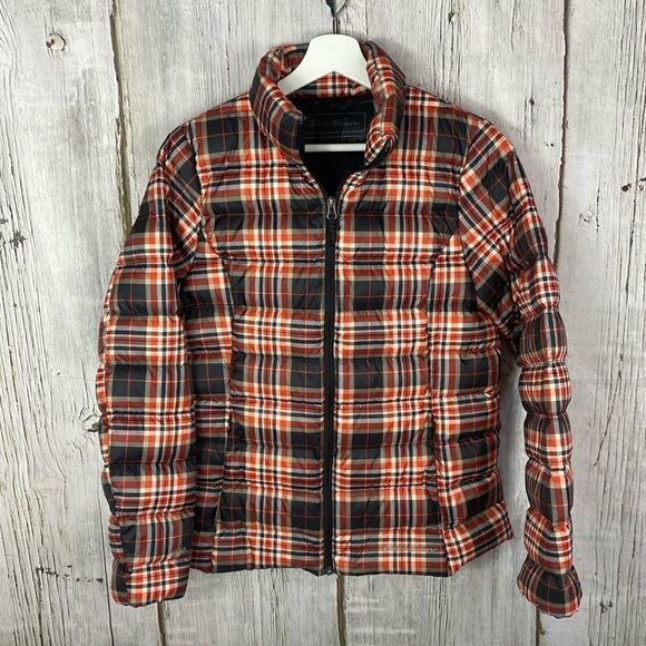 Eddie Bauer Cirruslite Down Jacket Red & Orange Plaid Lightweight Medium - Picture 1 of 8